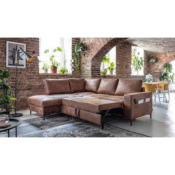 Brązowy rozkładany narożnik z imitacji skóry (lewostronny) Lofty Lilly – Miuform-image-4