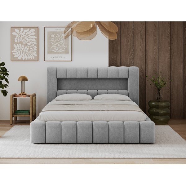 Jasnoszare tapicerowane łóżko dwuosobowe ze schowkiem ze stelażem 180x200 cm Lamica – ELTAP-image-2