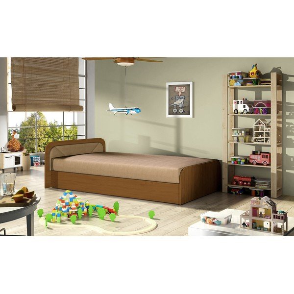 Tapicerowane/z płyty wiórowej łóżko jednoosobowe ze schowkiem z materacem 80x190 cm w kolorze ochry/beżowe Parys – ELTAP-image-2