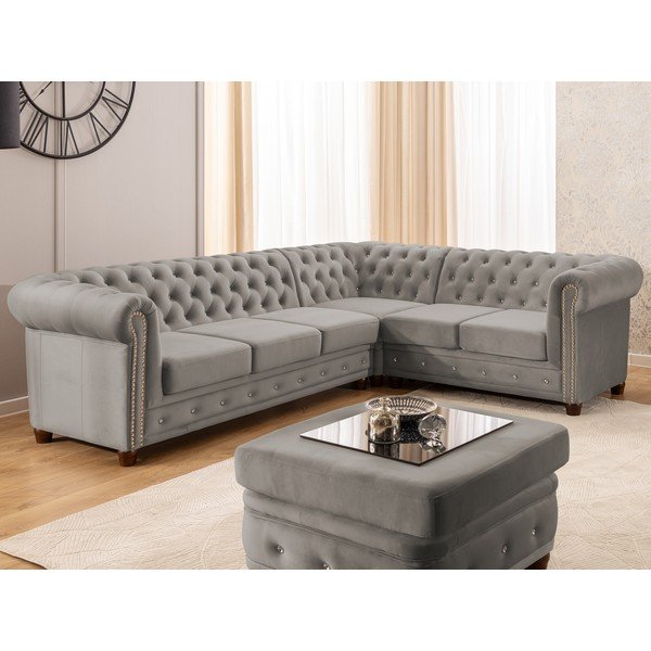 Szary aksamitny rozkładany narożnik (prawostronny/w kształcie litery L) York Blik – Ropez-image-1