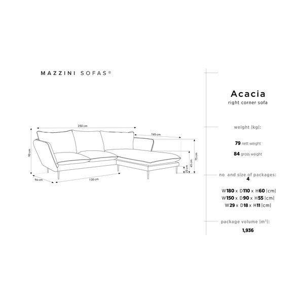 Jasnoszara aksamitna sofa narożna Mazzini Sofas Acacia, prawostronna-image-3