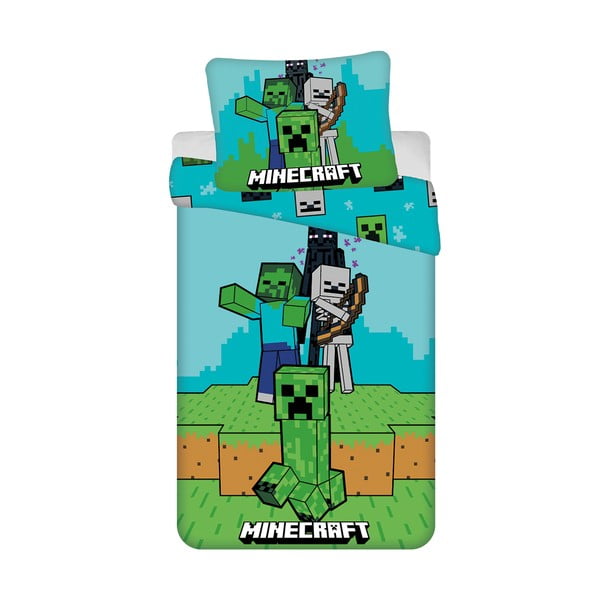 Zielono-niebieska bawełniana pościel dziecięca jednoosobowa 140x200 cm Minecraft "Mobs Here" – Jerry Fabrics