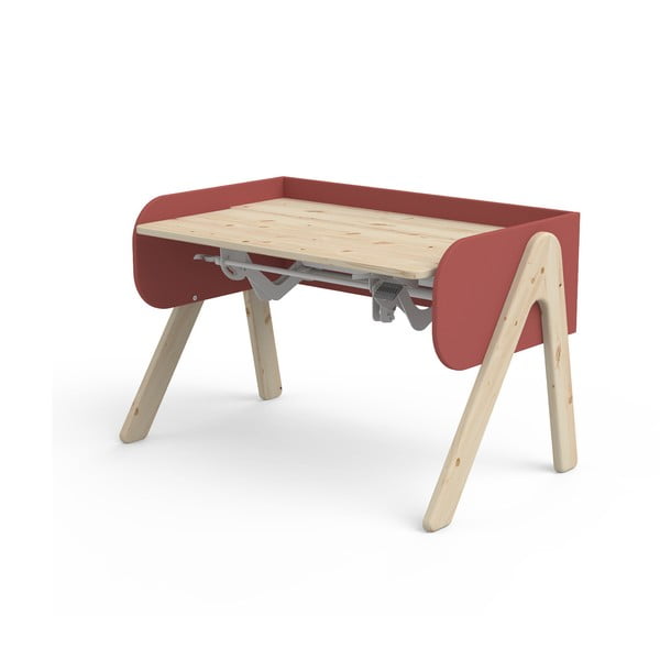 Czerwono-brązowe biurko z drewna sosnowego z regulacją wysokości Flexa Woody