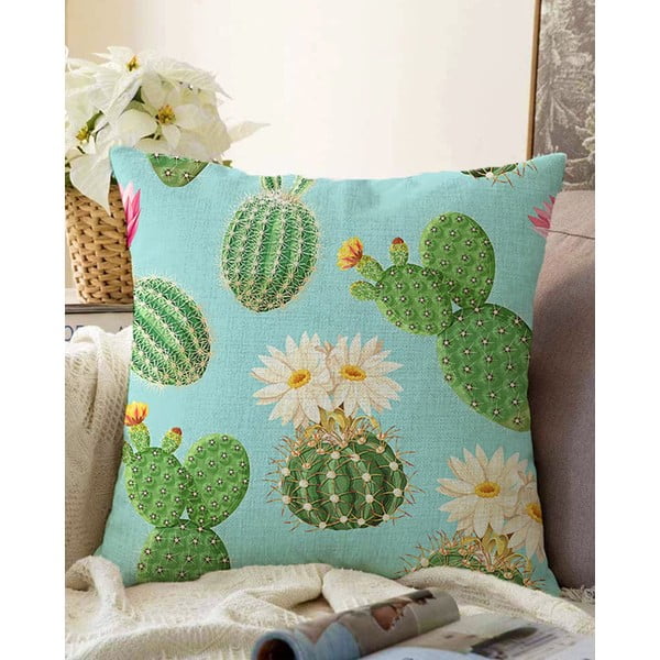 Niebiesko-zielona poszewka na poduszkę z domieszką bawełny Minimalist Cushion Covers Blooming Cactus, 55x55 cm