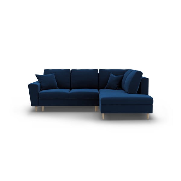 Niebieski aksamitny rozkładany narożnik ze schowkiem (prawostronny/w kształcie litery L) Kyoto – Cosmopolitan Design-image-1