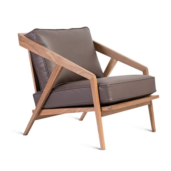 Brązowy fotel skórzany z konstrukcją z drewna orzecha Charlie Pommier Serious