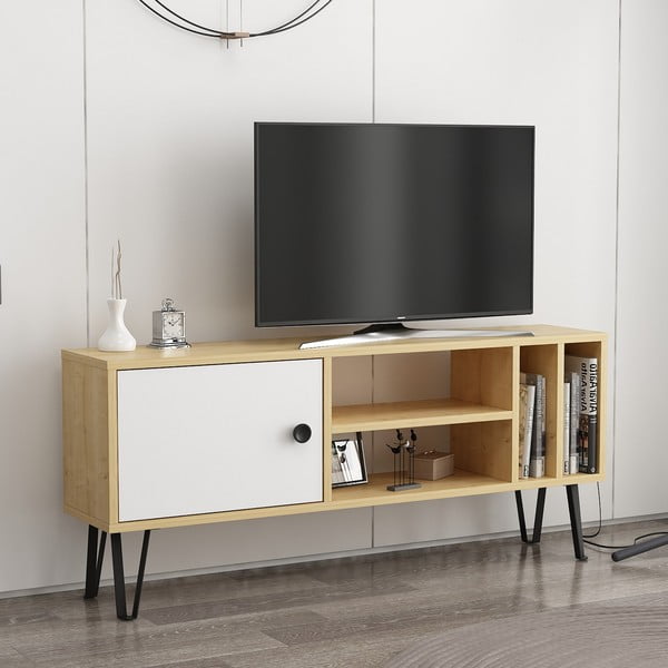 Biała szafka pod TV w dekorze dębu 120x52 cm Arven – Kalune Design-image-1