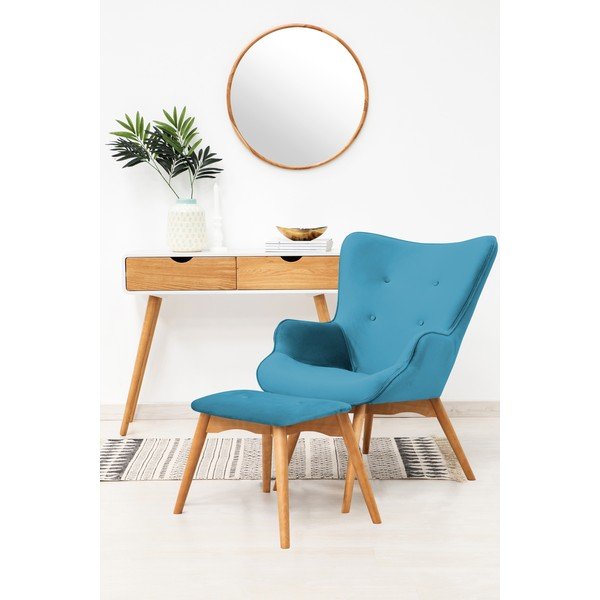 Ciemnoturkusowy fotel z podnóżkiem i nogami w naturalnym kolorze Vivonita Cora Velvet-image-1