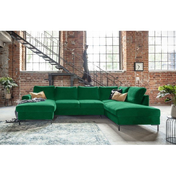 Zielona aksamitna rozkładana sofa w kształcie litery "U" Miuform Lofty Lilly, prawostronna-image-1