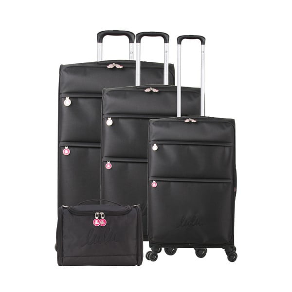 Zestaw 3 czarnych walizek z 4 kółkami i kosmetyczki Lulucastagnette Bella