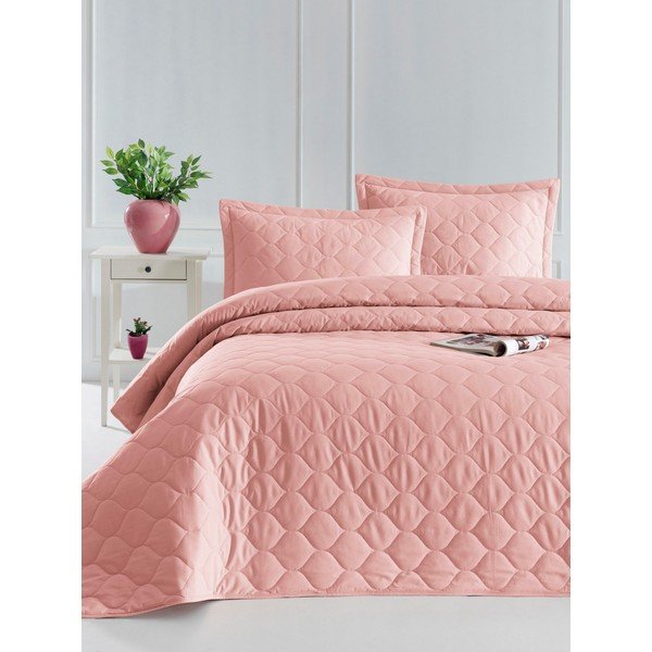 Różowa narzuta z poszewką na poduszkę z bawełny ranforce EnLora Home Fresh, 180x225 cm