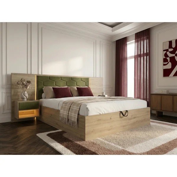 Ciemnozielone tapicerowane/z płyty wiórowej łóżko dwuosobowe ze schowkiem ze stelażem 180x200 cm Palmeraie – Bobochic Paris-image-1