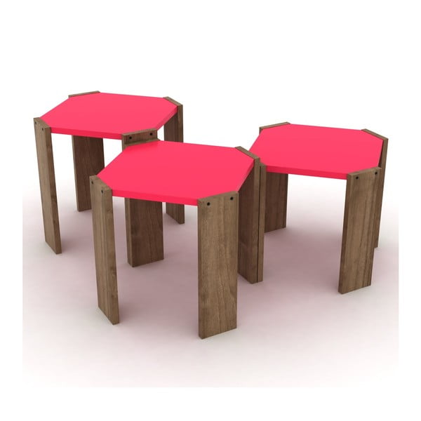 Zestaw 3 drewnianych stolików z różowym blatem Rafevi Hansel