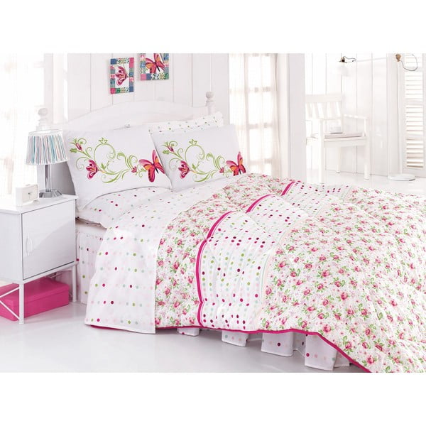 Narzuta, poszewki na poduszkę i ozdobna falbana wokół łóżka Nadya Pink, 195x215 cm