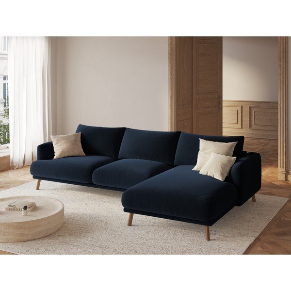 Ciemnoniebieski aksamitny narożnik (prawostronny/z szezlongiem) Naomi – Micadoni -image-1