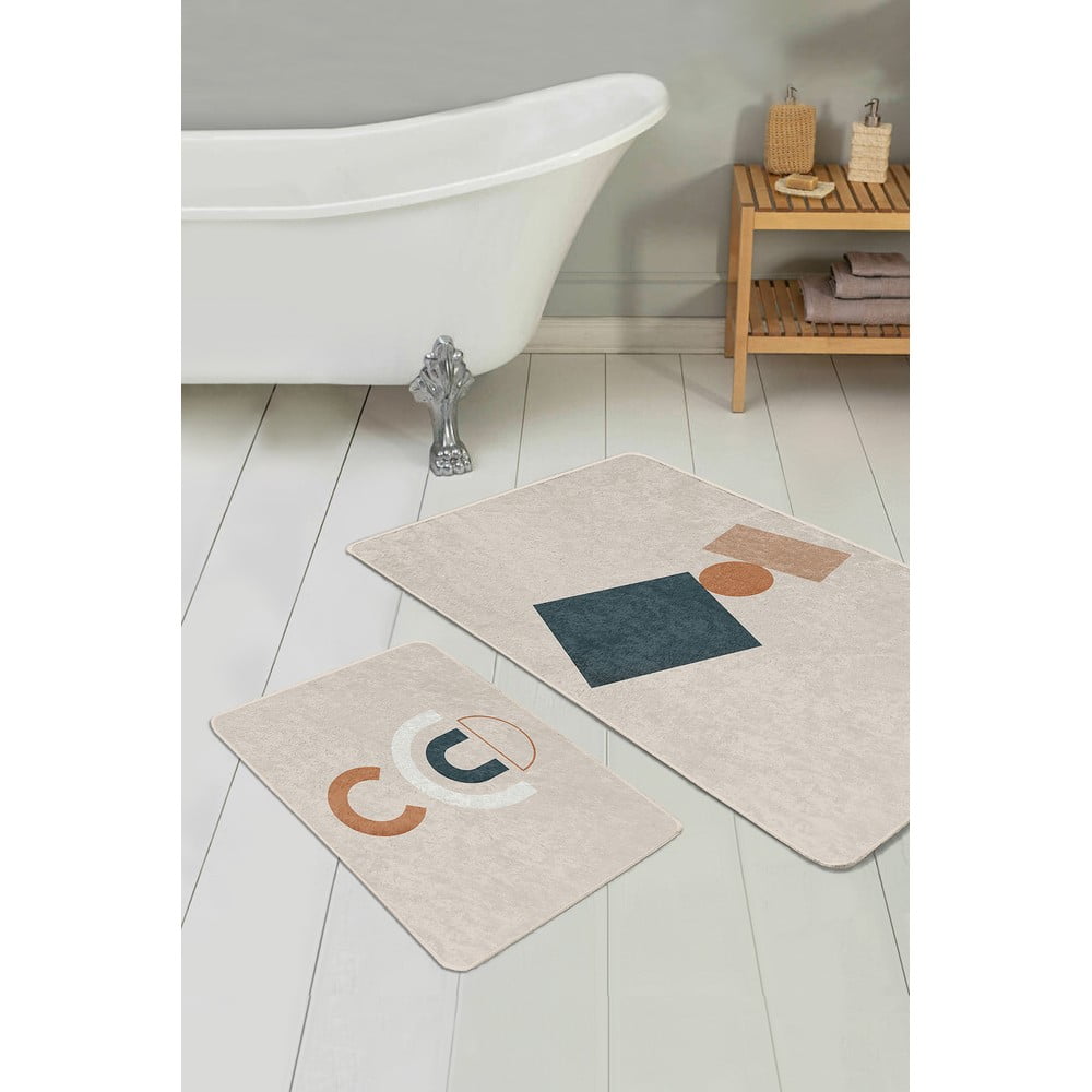 Beżowe aksamitne dywaniki łazienkowe zestaw 2 szt. 60x100 cm Geometry Shapes – Mila Home (zdjęcie 3)