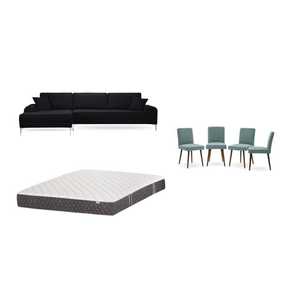 Zestaw czarnego narożnika lewostronnego, 4 szarozielonych krzeseł i materaca 160x200 cm Home Essentials