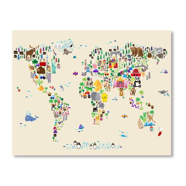 Plakat z kolorową mapą świata Americanflat Animal, 60x42 cm