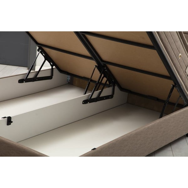 Brązowe tapicerowane łóżko dwuosobowe ze schowkiem i stelażem 140x200 cm Orina – Kalune Design-image-1