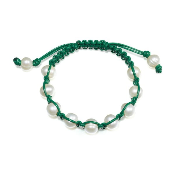 Zielona bransoletka skórzana z perłami Nova Pearls Copenhagen Amandine