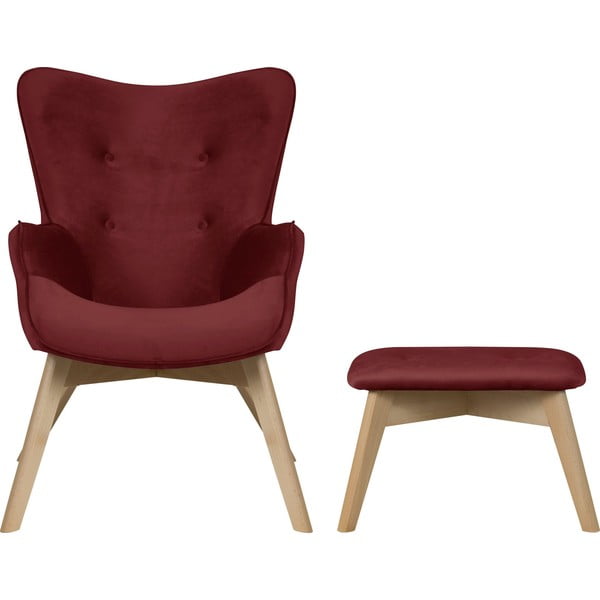 Czerwony aksamitny fotel z podnóżkiem Niko – Ropez-image-2