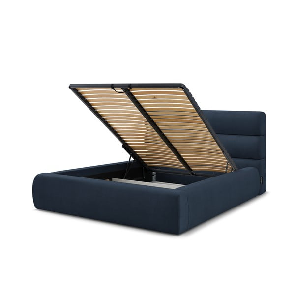 Ciemnoniebieskie tapicerowane łóżko dwuosobowe ze schowkiem i stelażem 160x200 cm Jagna – Bobochic Paris-image-4