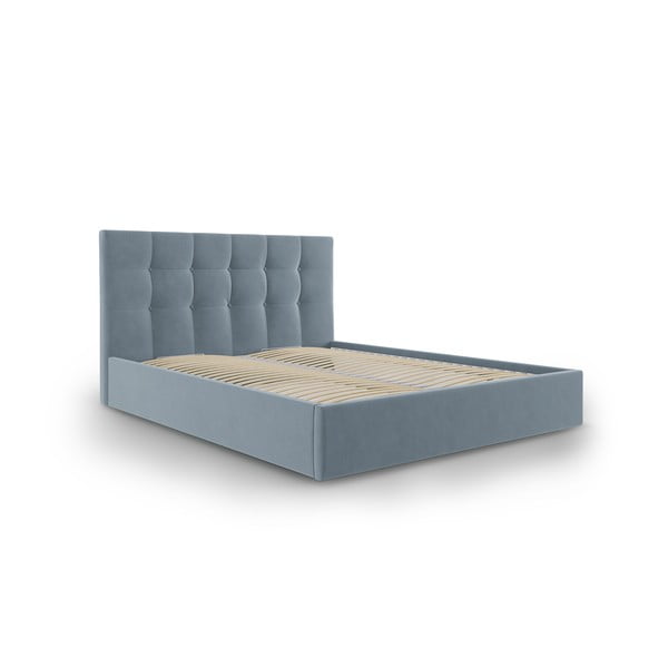 Jasnoniebieske tapicerowane łóżko dwuosobowe ze schowkiem ze stelażem 140x200 cm Nerin – Mazzini Beds