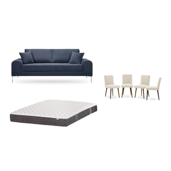 Zestaw 3-osobowej ciemnoniebieskiej sofy, 4 kremowych krzeseł i materaca 160x200 cm Home Essentials
