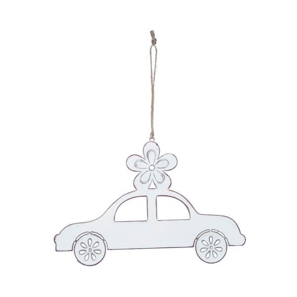 Mała biała dekoracja wisząca metalowa w kształcie autka z motywem autka Ego Dekor, 13x9 cm