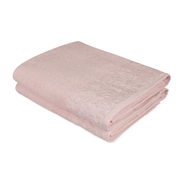 Zestaw dwóch pudrowo-różowych ręczników kąpielowych Empire, 150x90 cm