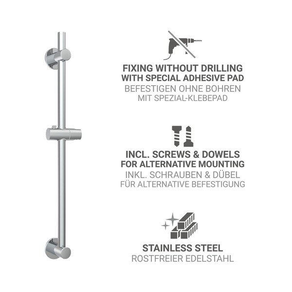 Drążek prysznicowy z suwakiem na słuchawkę ze stali nierdzewnej w kolorze srebra z połyskiem bez wiercenia 70 cm – Wenko-image-2
