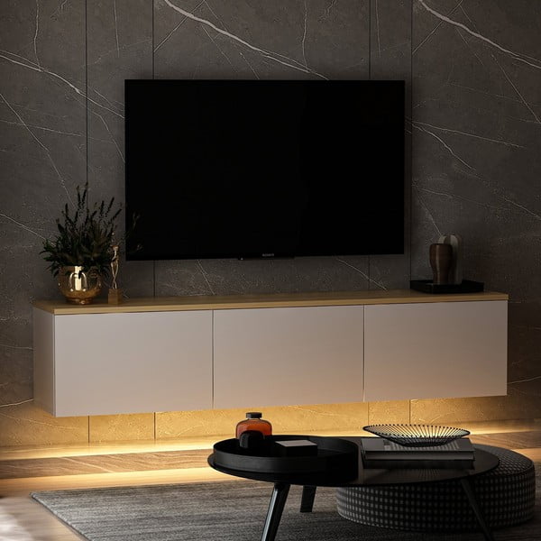 Biało-naturalna szafka pod TV w dekorze dębu 160x35x32 cm Neon – Kalune Design-image-1