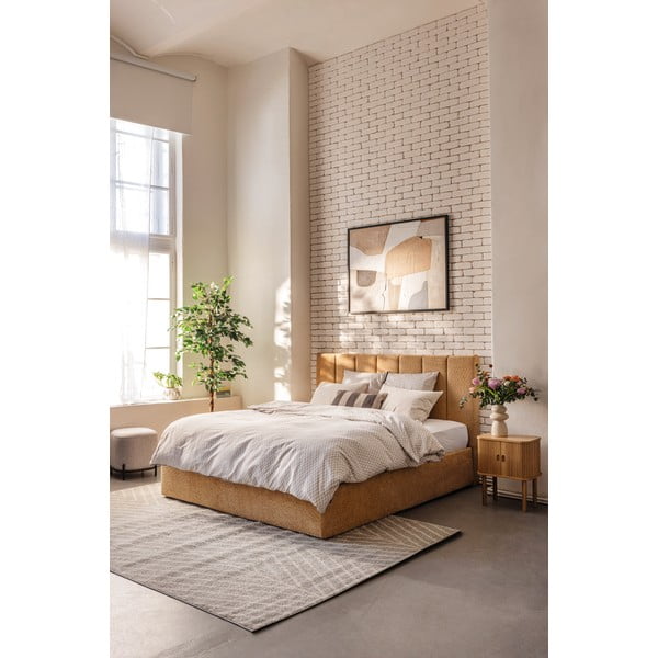 Musztardowe tapicerowane łóżko dwuosobowe ze schowkiem z materacem i stelażem 180x200 cm Thessa Bold Line – Bonami Selection-image-1