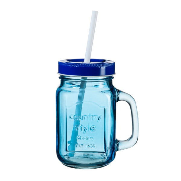 Niebieska szklanka z wieczkiem i słomką SUMMER FUN II, 450 ml