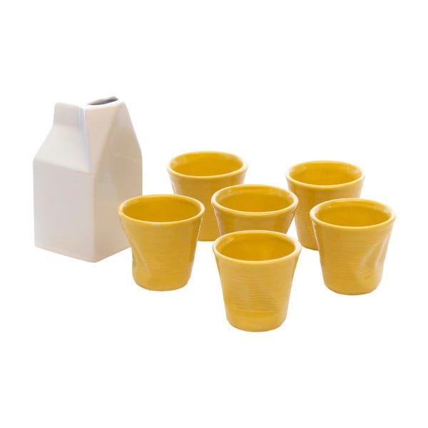 Biało-żółty zestaw mlecznika i 6 filiżanek do espresso Kaleidos Milk