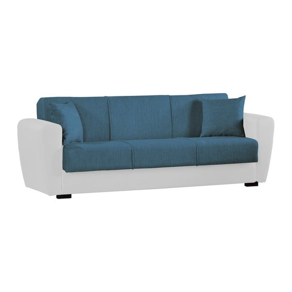 Niebiesko-biała trzyosobowa sofa rozkładana ze schowkiem Esidra Comfort