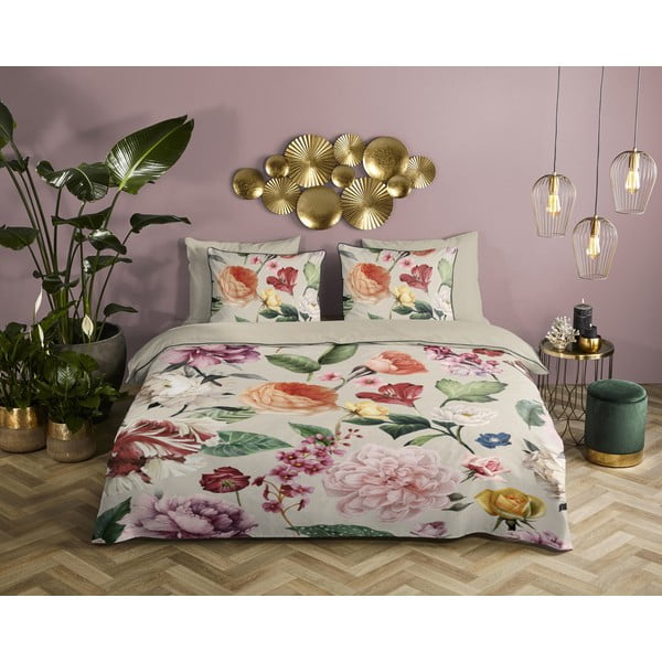 Beżowa pościel jednoosobowa z satyny bawełnianej 140x220 cm Fiori – Descanso-image-1