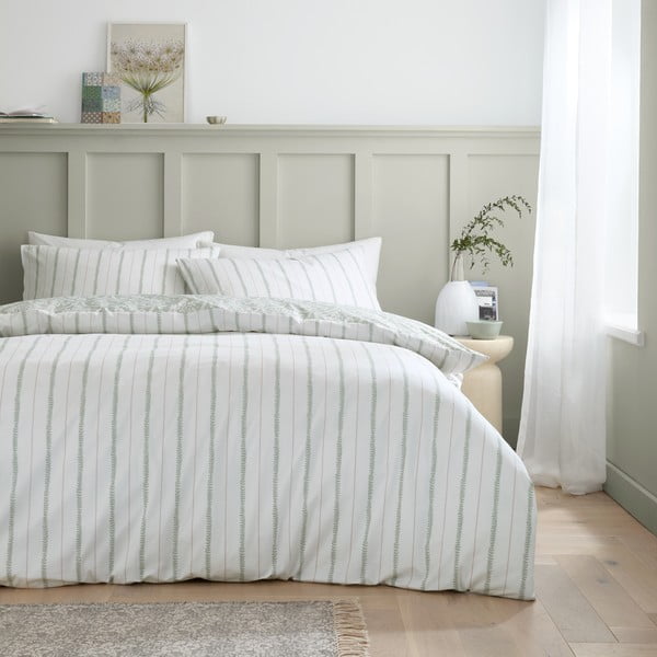 Biało-zielona pościel jednoosobowa z perkalu bawełnianego 135x200 cm Scallop Floral – Bianca-image-2