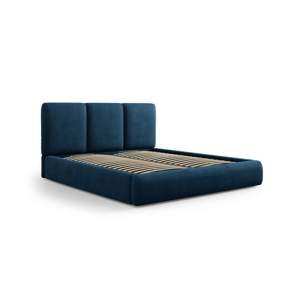 Ciemnoniebieskie tapicerowane łóżko dwuosobowe ze schowkiem i stelażem 200x200 cm Brody – Mazzini Beds