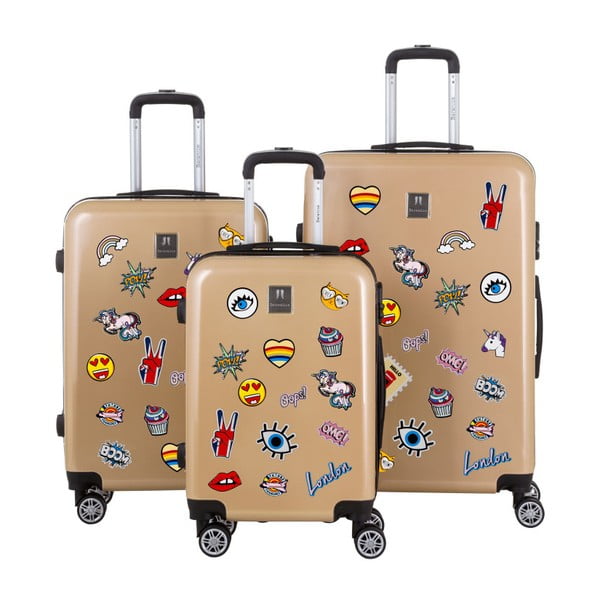 Zestaw 3 walizek w złotym kolorze z naklejkami Berenice Stickers