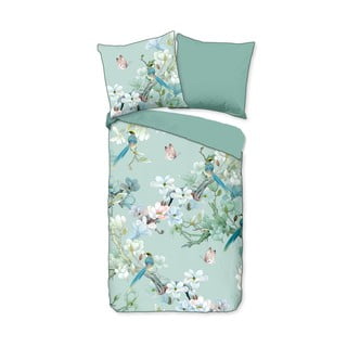 Zielona pościel dwuosobowa z bawełny organicznej Descanso Flowery, 200x200 cm
