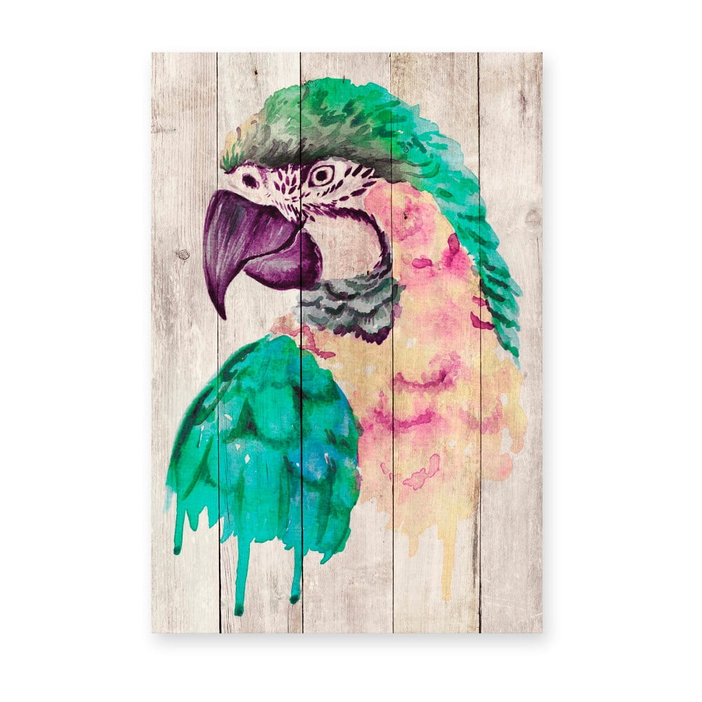 Dekoracja ścienna z drewna sosnowego Madre Selva Watercolor Parrot, 60x40 cm