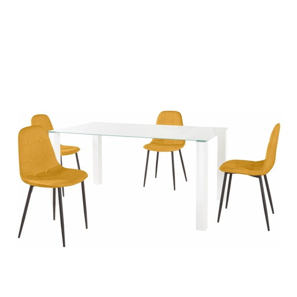 Zestaw stołu i 4 żółtych krzeseł Støraa Dante, dł. stołu 160 cm