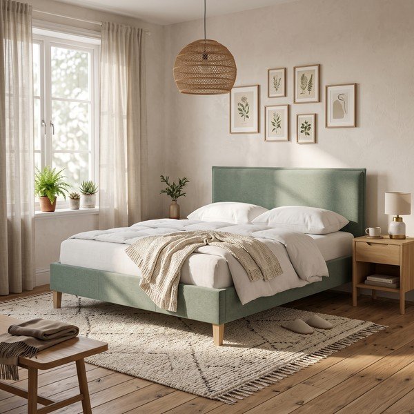 Zielone tapicerowane łóżko dwuosobowe ze stelażem 180x200 cm Tina – Ropez-image-1