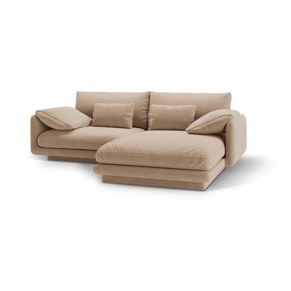 Beżowy aksamitny narożnik (prawostronny/z szezlongiem) Torino – Micadoni -image-1