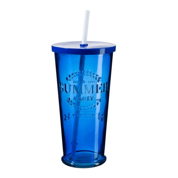 Zestaw 4 niebieskich szklanek z wieczkiem i słomką SUMMER FUN II, 650 ml