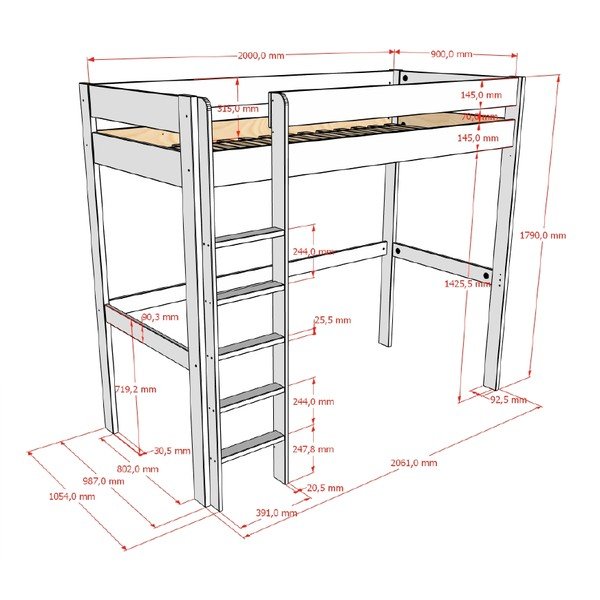 Białe podwyższone łóżko dziecięce ze stelażem 90x200 cm Primo – Vipack-image-2