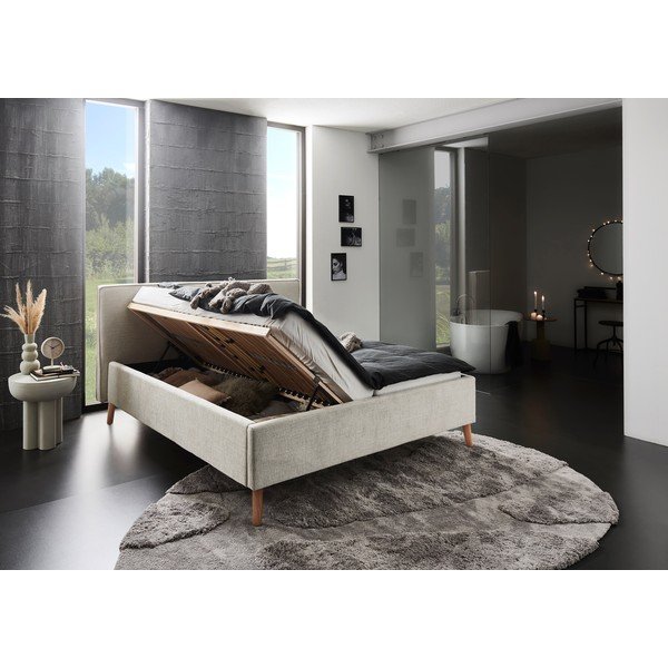 Kremowe tapicerowane łóżko dwuosobowe ze schowkiem ze stelażem 160x200 cm Riva – Meise Möbel-image-3