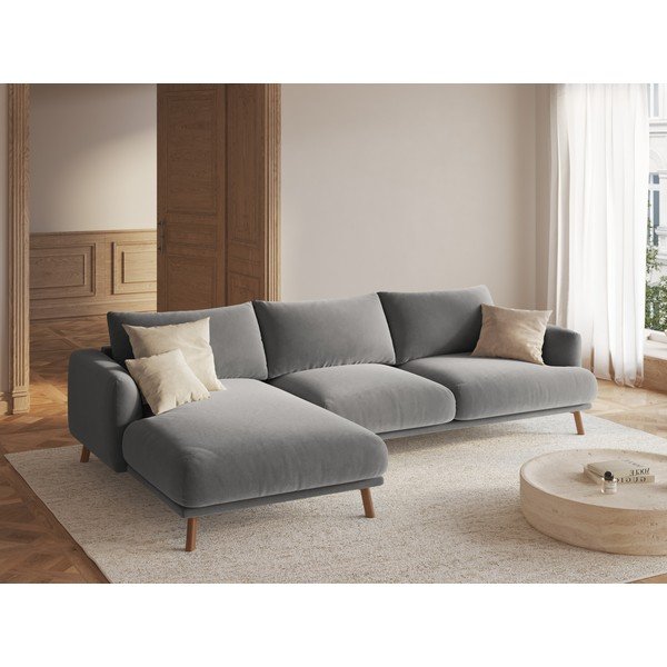 Szary aksamitny narożnik (lewostronny/z szezlongiem) Naomi – Micadoni -image-1