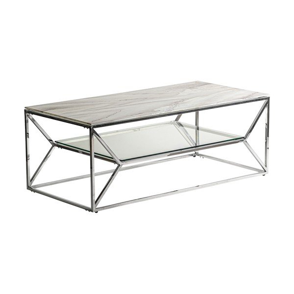 Stolik w biało-srebrnym kolorze z blatem w dekorze marmuru 60x120 cm Altiplano – Burkina